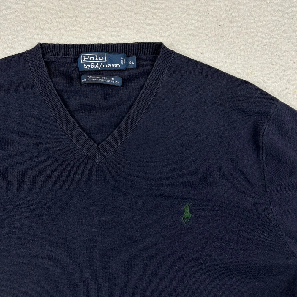 Polo Ralph Lauren Sweater Mens XL V-Neck Navy Blue Pima Cotton Knit Pullover
